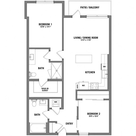 Floor plan for 2 beds, 2 baths, 1008 sqft